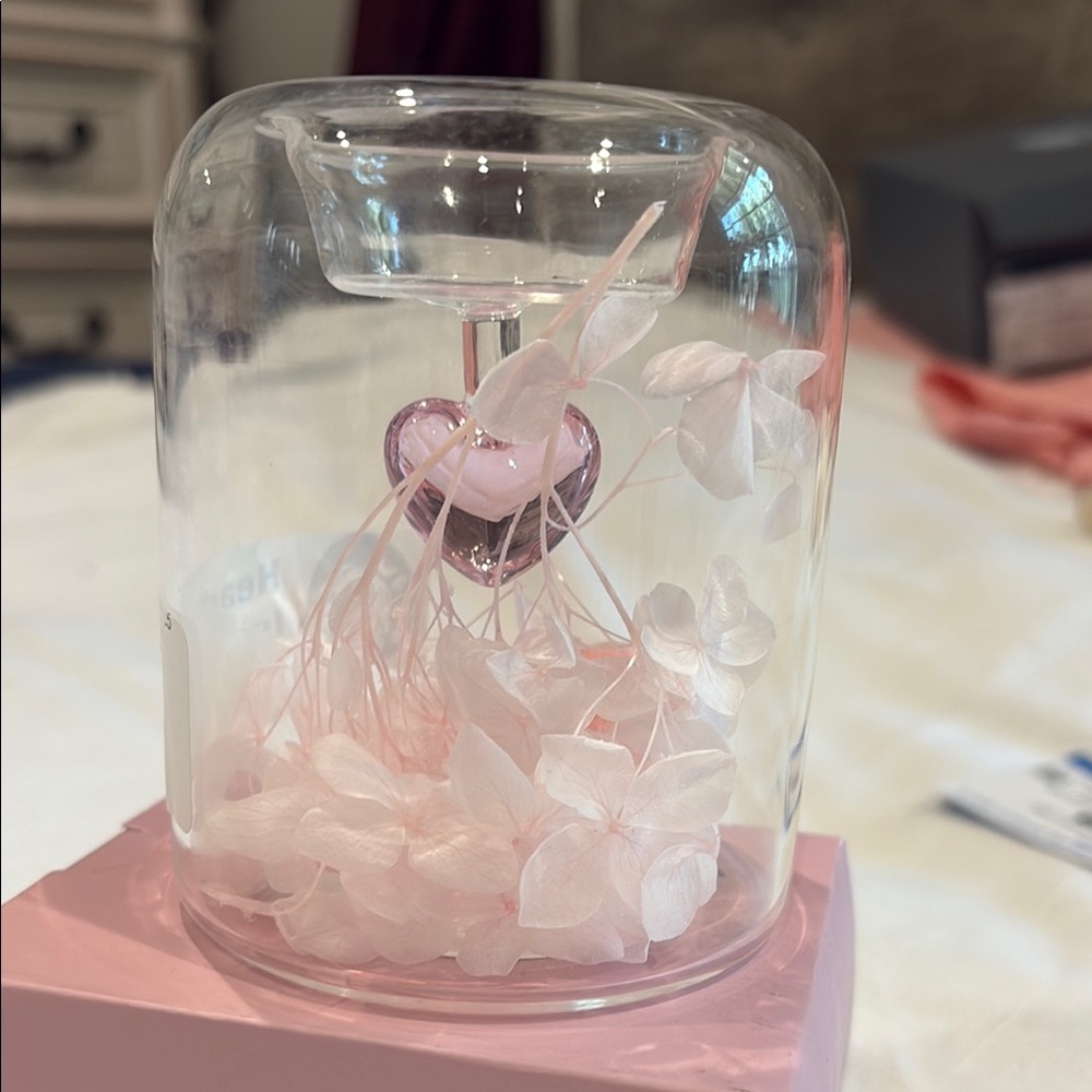 Tea light Glass Dome with Pink Heart and pink Flowers